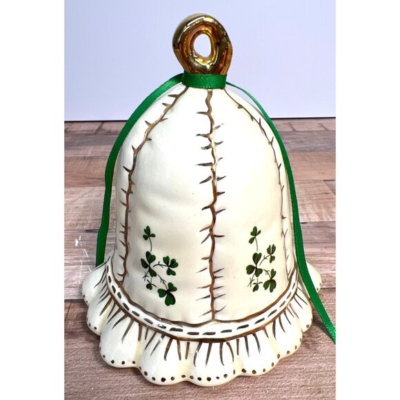 Irish Ceramic Bell With Green Clover Design Gold Accents & Green Ribbon Decorati - Picture 2 of 4